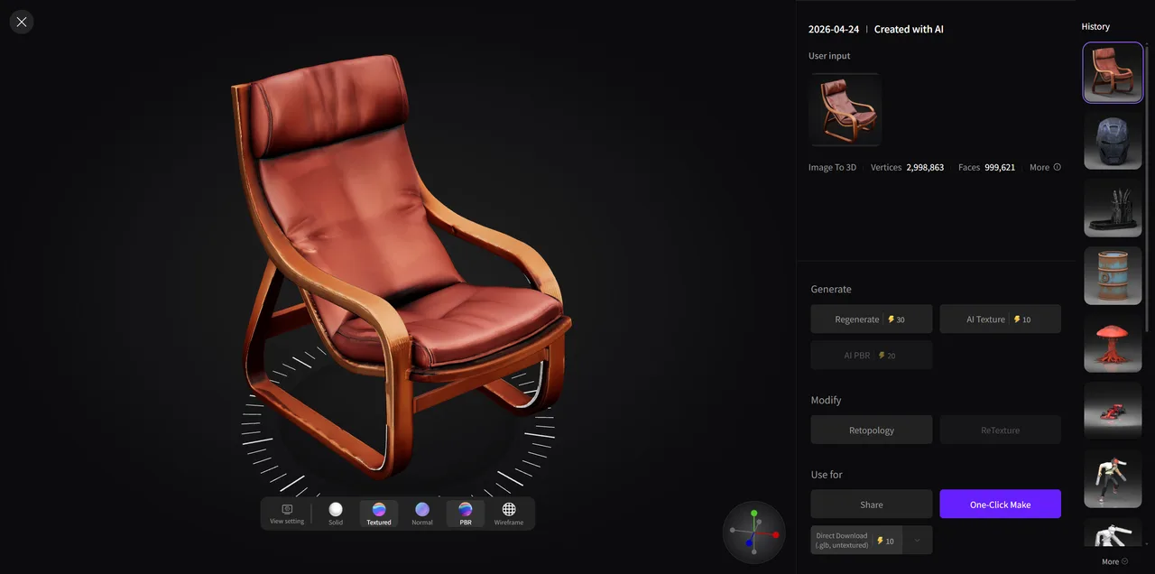 The result view for a generated chair, reporting 2,998,863 vertices and 999,621 faces, with solid, textured, normal, PBR and wireframe display modes, and per-action credit costs: regenerate 30, AI texture 10, AI PBR 20.