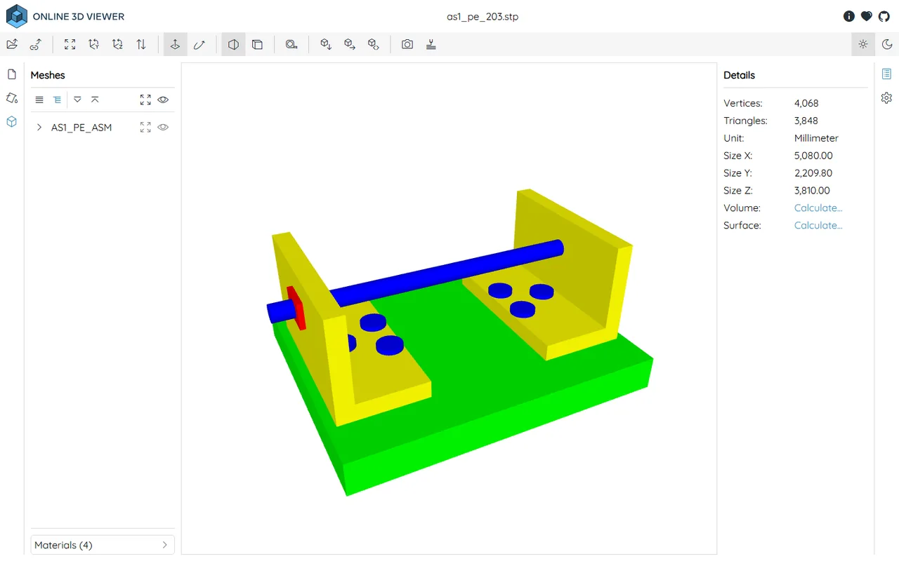A STEP CAD assembly parsed entirely in the browser, with the assembly tree and millimetre dimensions shown.