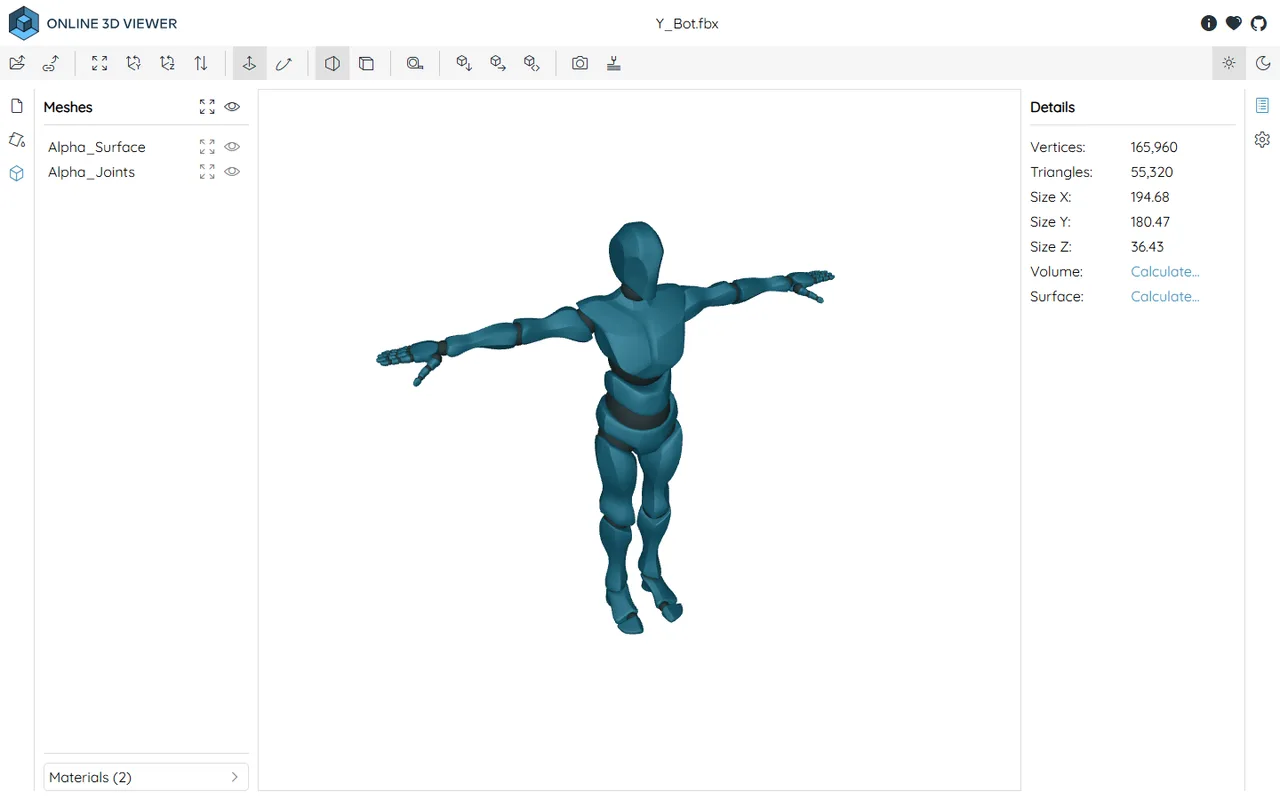 An FBX character model with its surface and joint meshes listed separately in the hierarchy.