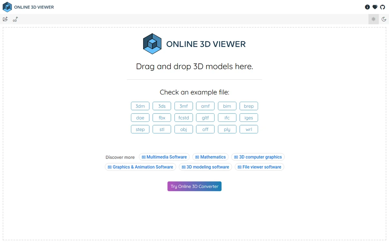 The start page: drag and drop a model, or open one of the built in example files across 18 formats.