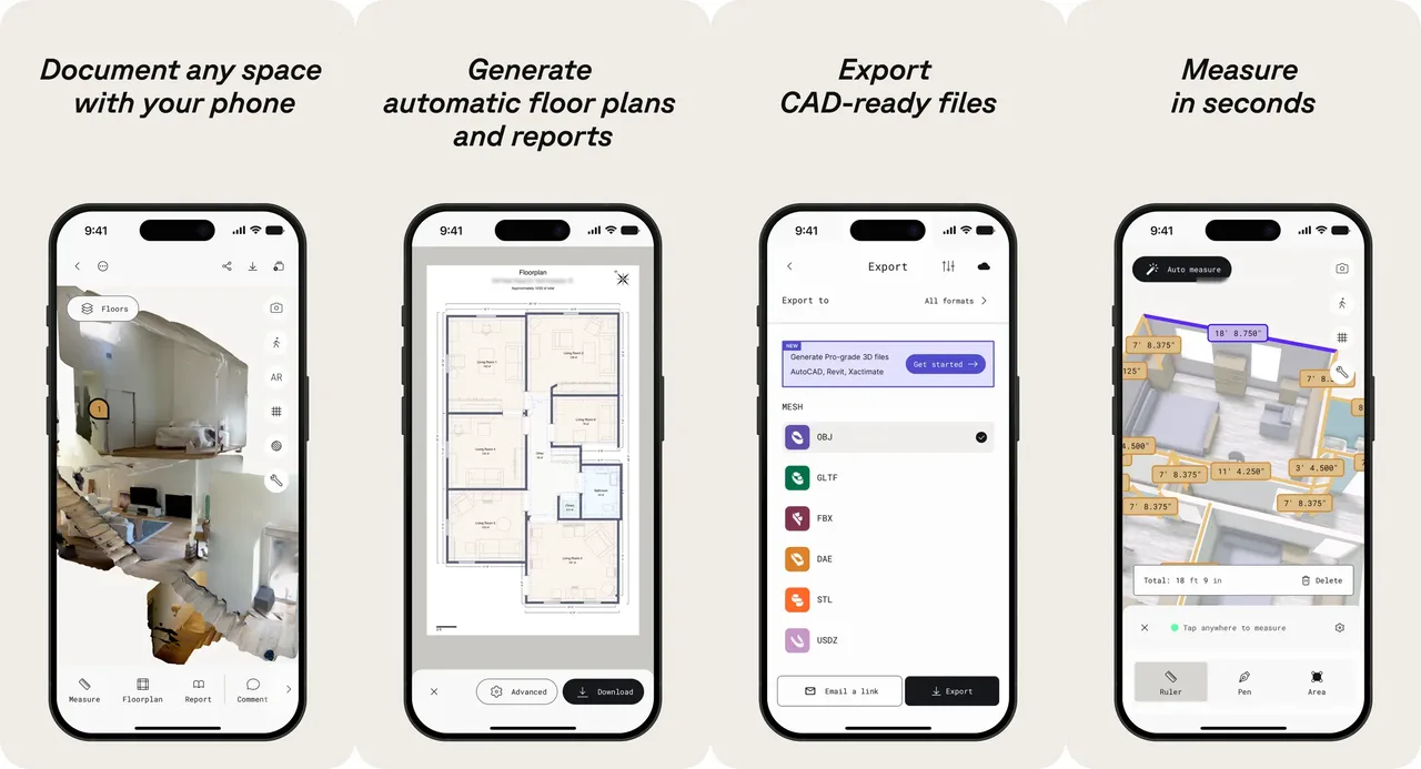Four app screens side by side: scanning a room, a generated floor plan, the export sheet listing OBJ, GLTF, FBX, DAE, STL and USDZ, and the measurement tool with dimensions overlaid.