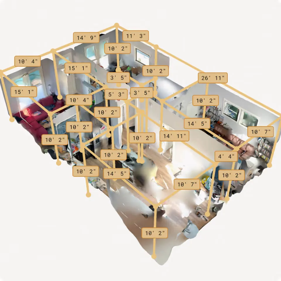 A scanned apartment viewed from above with every room dimension labelled. This is the output the construction pitch is built around.