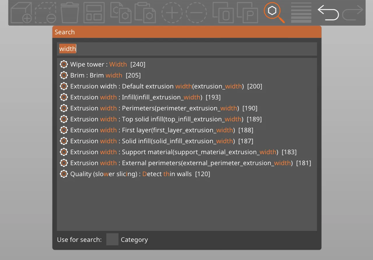 The settings search dialog with the query "width", listing matching parameters such as wipe tower width, brim width and the per feature extrusion width settings.