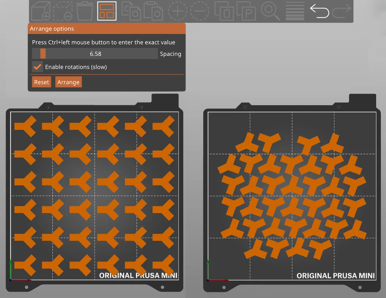 The arrange tool with its spacing slider and rotation option, comparing a grid layout against the tighter packing produced when rotation is enabled on an Original Prusa MINI bed.