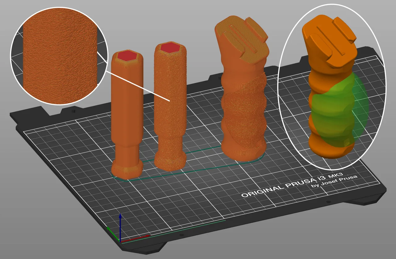 Sliced preview on a Prusa i3 MK3 bed comparing plain and fuzzy skin surfaces, with magnified callouts and a green painted region showing where the texture was brushed onto the model.