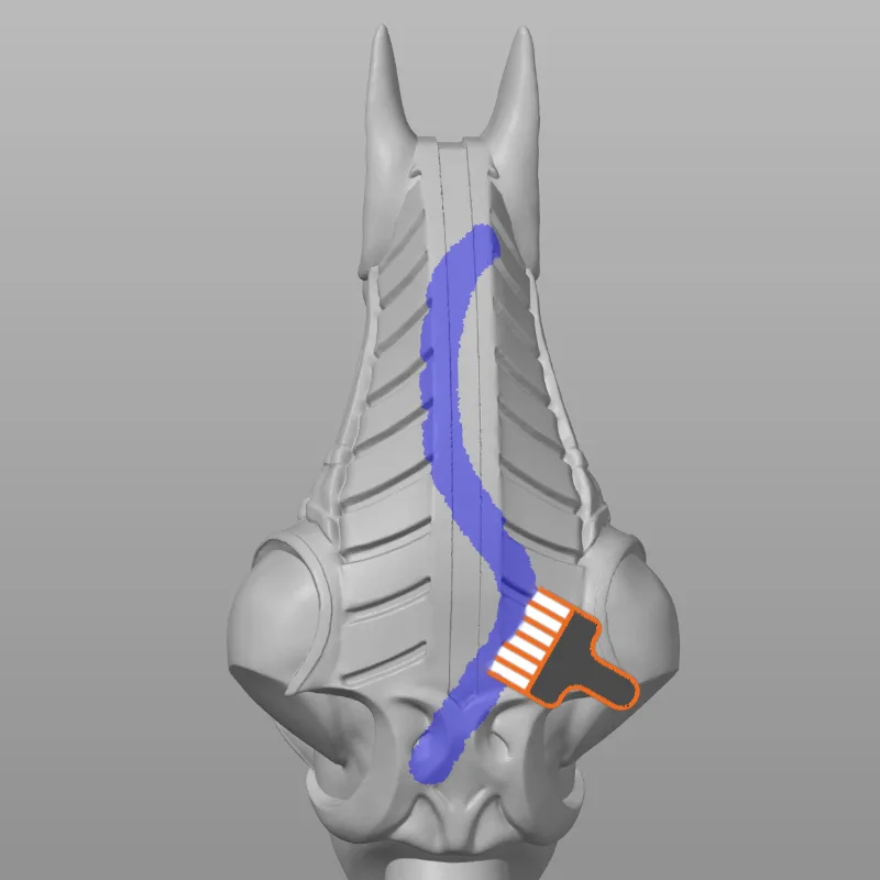 The seam painting tool in use, with the brush cursor laying a blue stripe down the back of a model to steer where each layer's start point is placed.