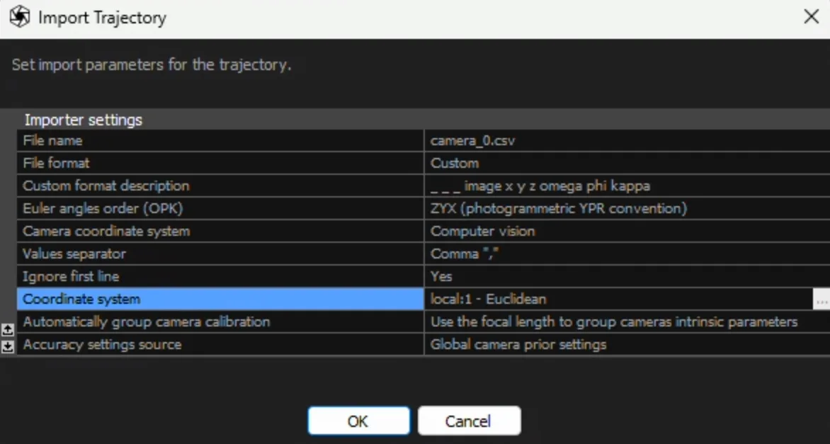 The Import Trajectory dialog, where known camera positions are brought in: Euler angle order, camera coordinate system, separator and accuracy source are all set explicitly.