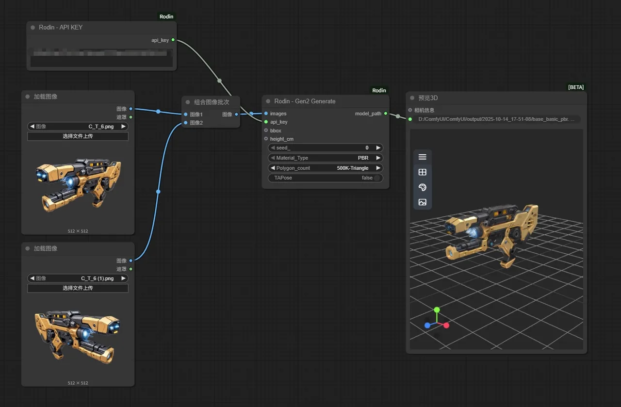 The official ComfyUI-Rodin nodes: two reference images fused through the Gen-2 generate node into a PBR textured model, previewed in 3D.