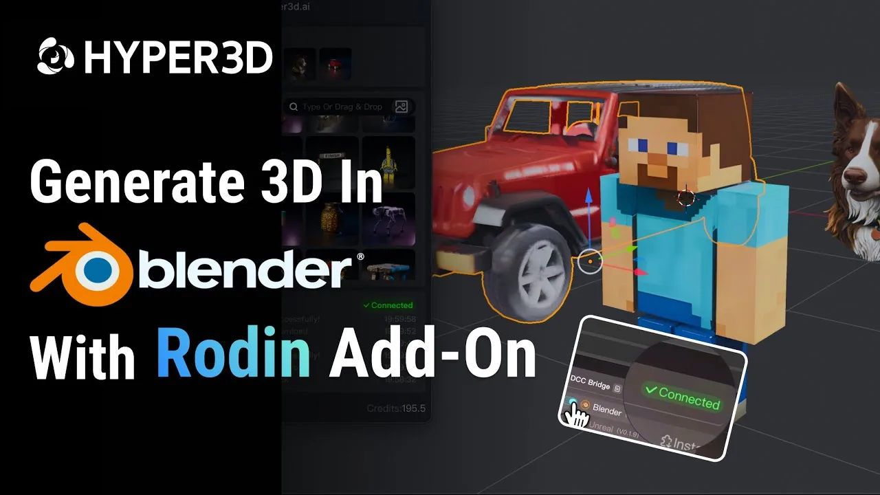 The RodinBridge add-on generates models directly inside Blender through a connected DCC bridge.