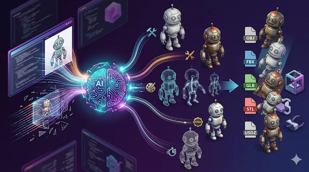 Rodin's pipeline illustrated: image or code input, AI generation, then export to OBJ, FBX, GLB, STL or USDZ.
