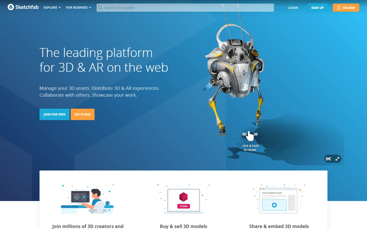 The logged-out home page with a live model in the hero, presenting the platform as somewhere to create, trade and embed 3D work.