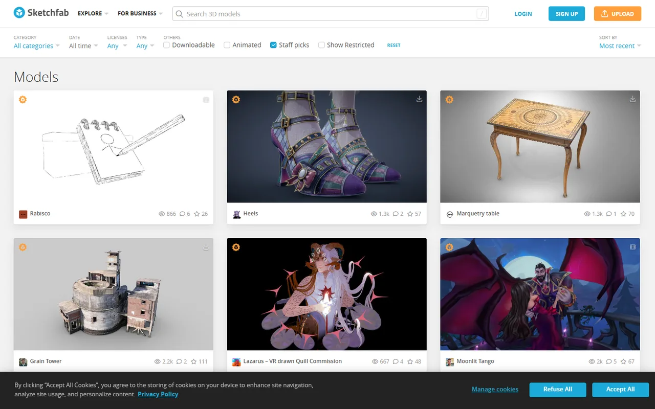 The browse grid filtered to staff picks, with filters for category, date, licence and type, and view, comment and like counts on every card.