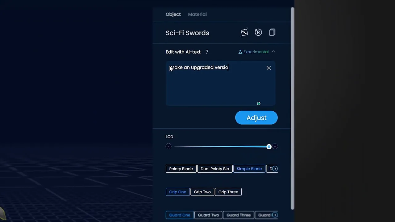 The object panel for the Sci-Fi Swords generator. An LOD slider sets the level of detail, and blade, grip and guard are each swapped between named variants. Edit with AI-text sits above them, labelled Experimental.