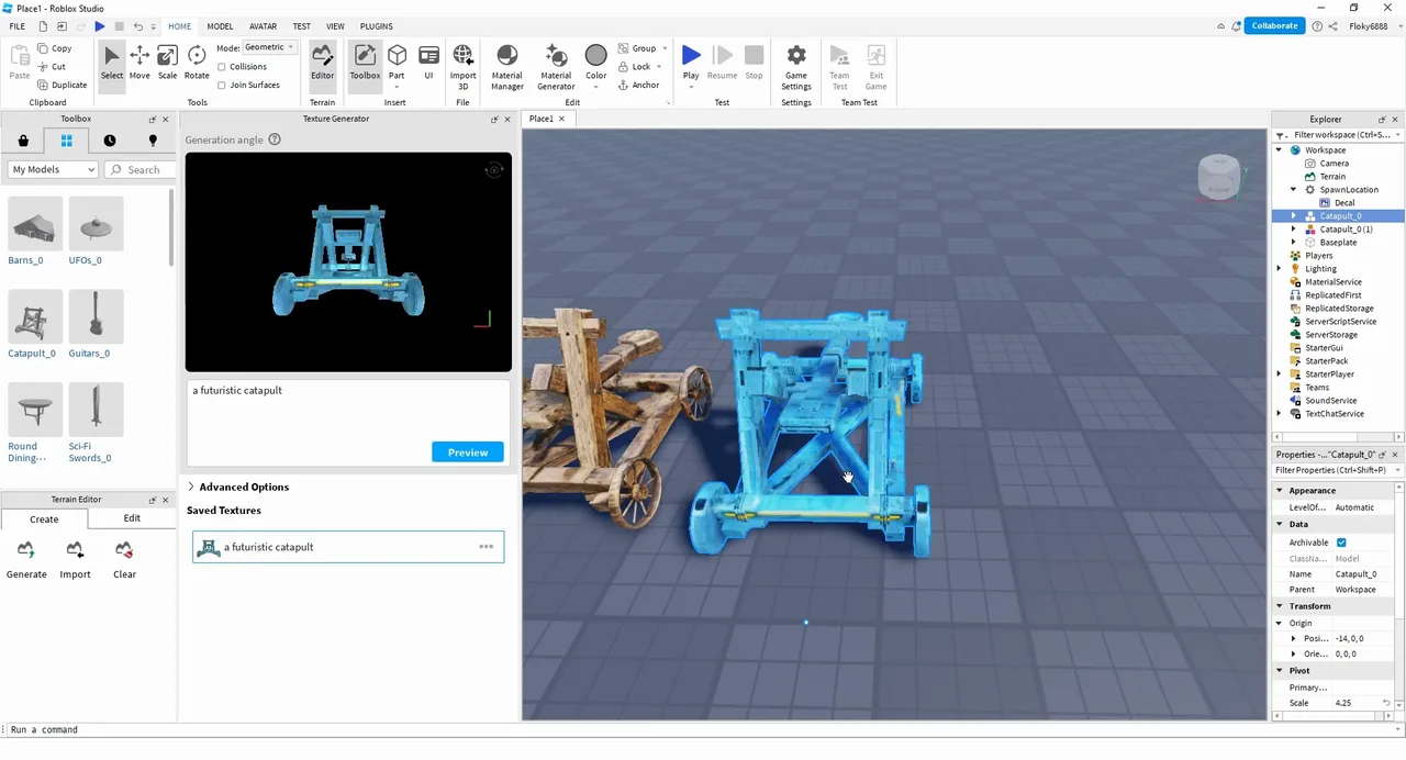 A Sloyd catapult inside Roblox Studio, sitting in the Explorer tree as an ordinary model. The blue copy has been through Roblox's own Texture Generator from the prompt a futuristic catapult.