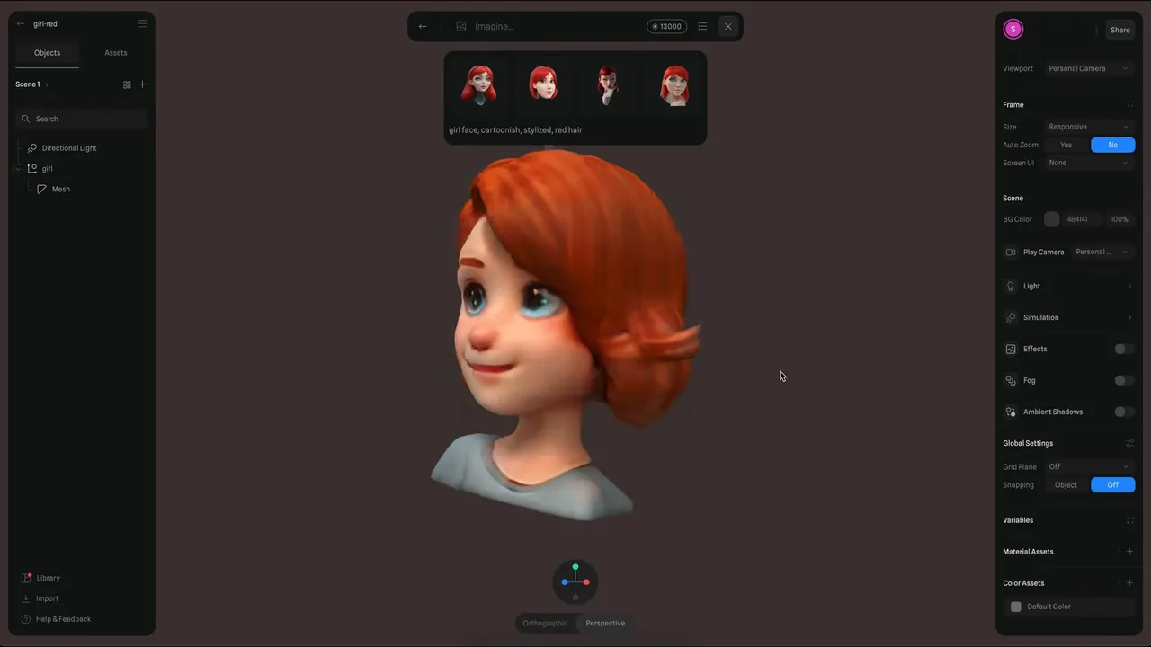 A generated head after it lands in the scene editor, with the four previews still along the top, the object tree on the left and the scene panel on the right.