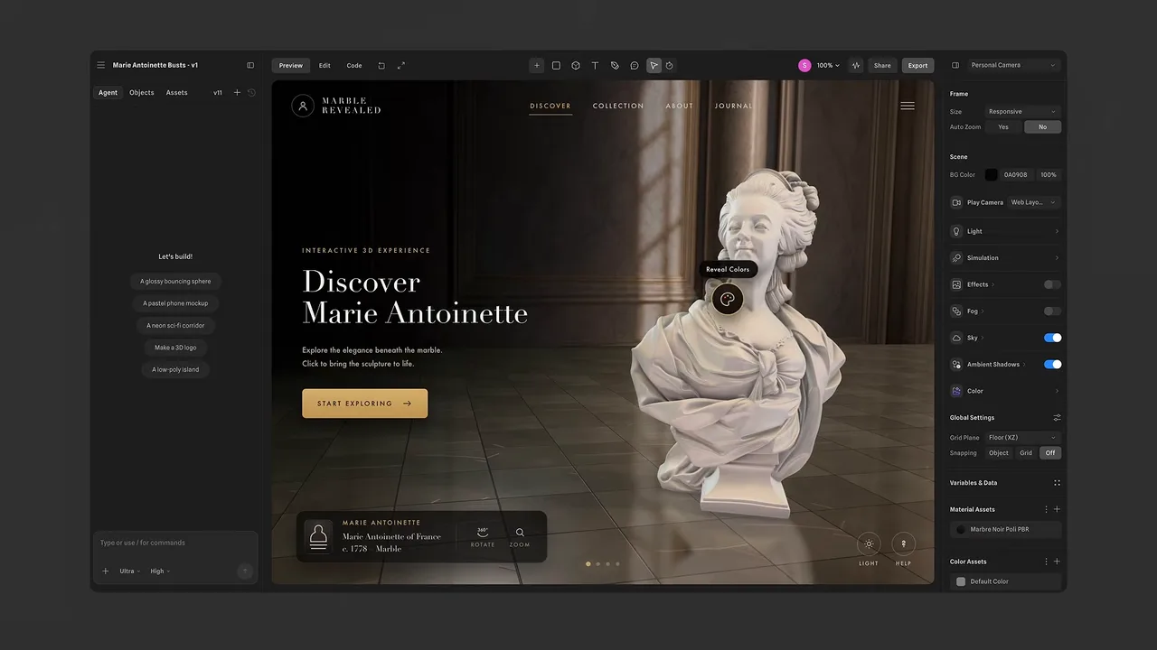 An interactive experience built in Spline: a hotspot labelled Reveal Colors sits on the sculpture, with rotate and zoom controls and a caption card. This is the part that does not survive a GLB export.