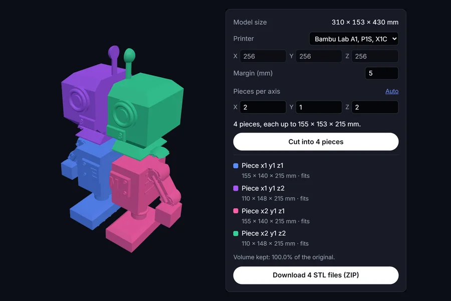 A robot model cut into four coloured pieces, pulled apart to show the cuts, with a list of piece sizes that all fit a 256 mm bed