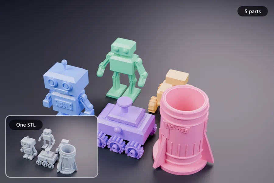 Five robot models on a print plate, coloured one colour per part after splitting, with the single grey STL shown inset