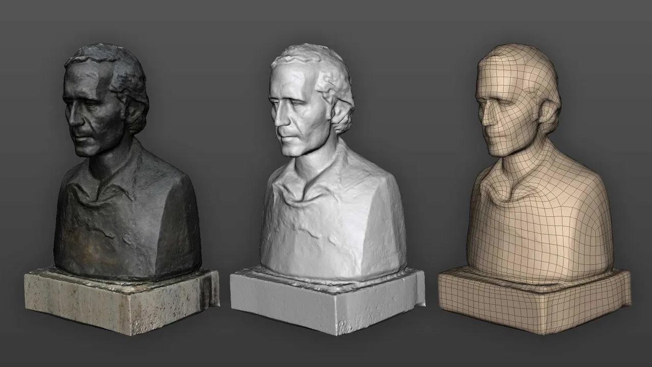 A photogrammetry scan of a bronze bust, the raw scanned geometry, and the retopologised quad mesh generated from it.