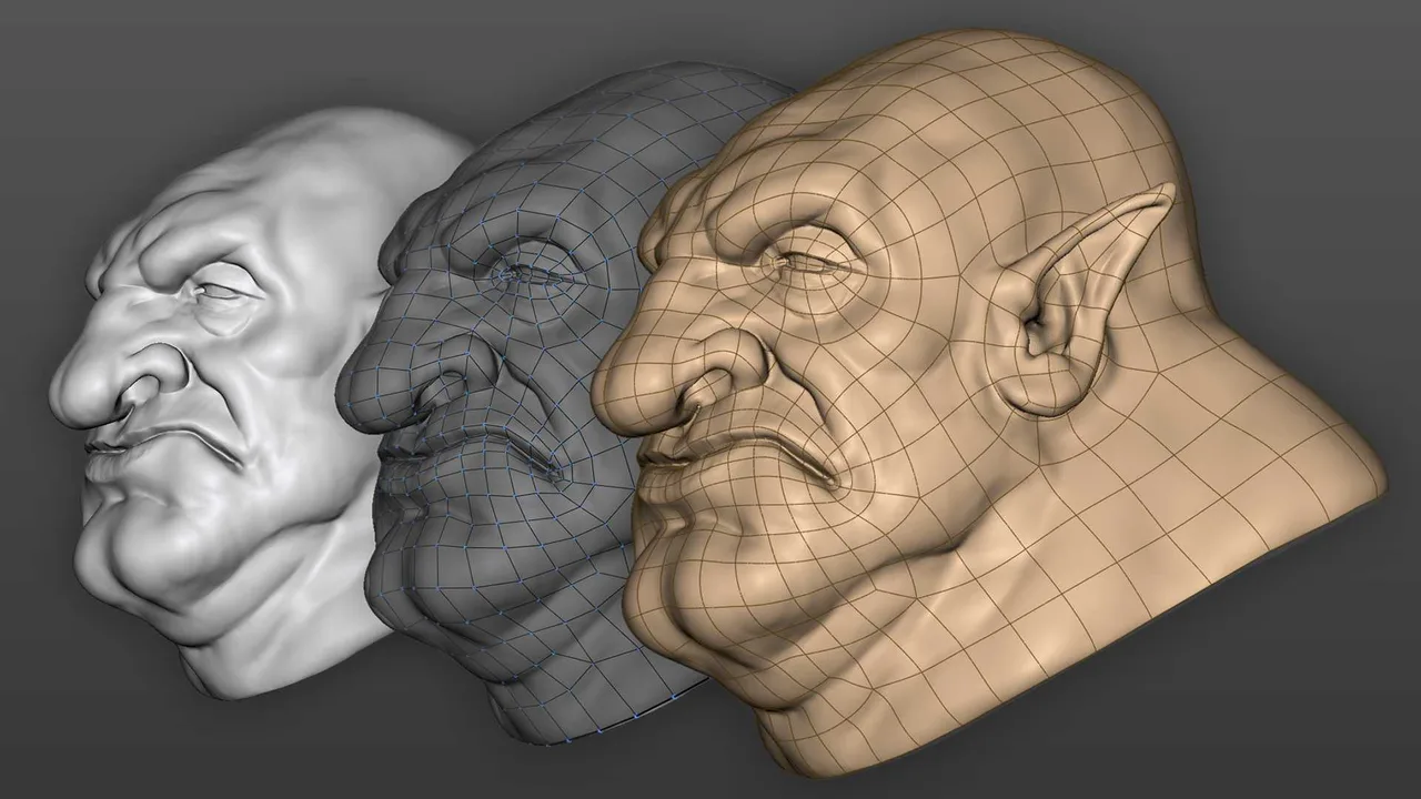 Subdivision preview: the high resolution sculpt, the low-poly control cage with its vertices shown, and the subdivided result.