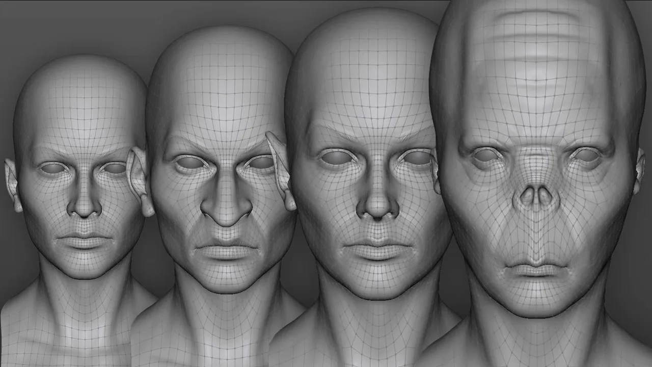 The Morpher feature: one topology layout fitted to four different head sculpts, so an existing cage can be reused rather than redrawn.