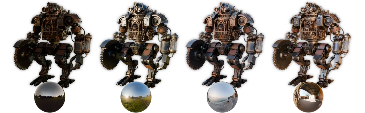 The same generated mech rendered under four different lighting environments, each with its own chrome probe. This is what having real PBR materials rather than baked-in colour looks like downstream.