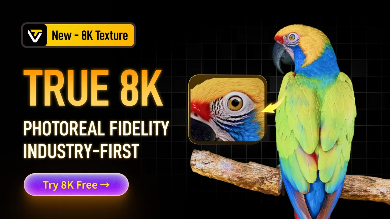 Tripo's 8K texture upscale, introduced in June 2026, shown on a parrot model with a close up detail crop.