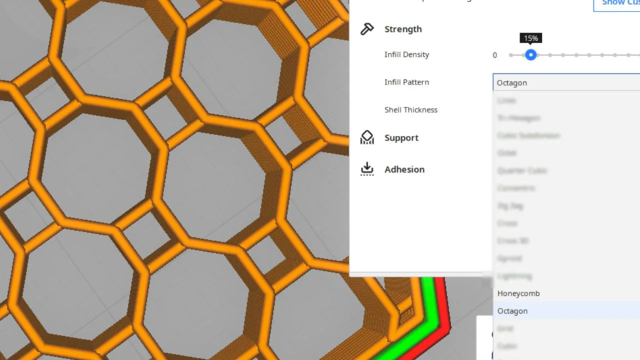 The Recommended mode Strength panel with the Infill Pattern dropdown open on Octagon, next to a close up of the resulting octagonal infill toolpath.