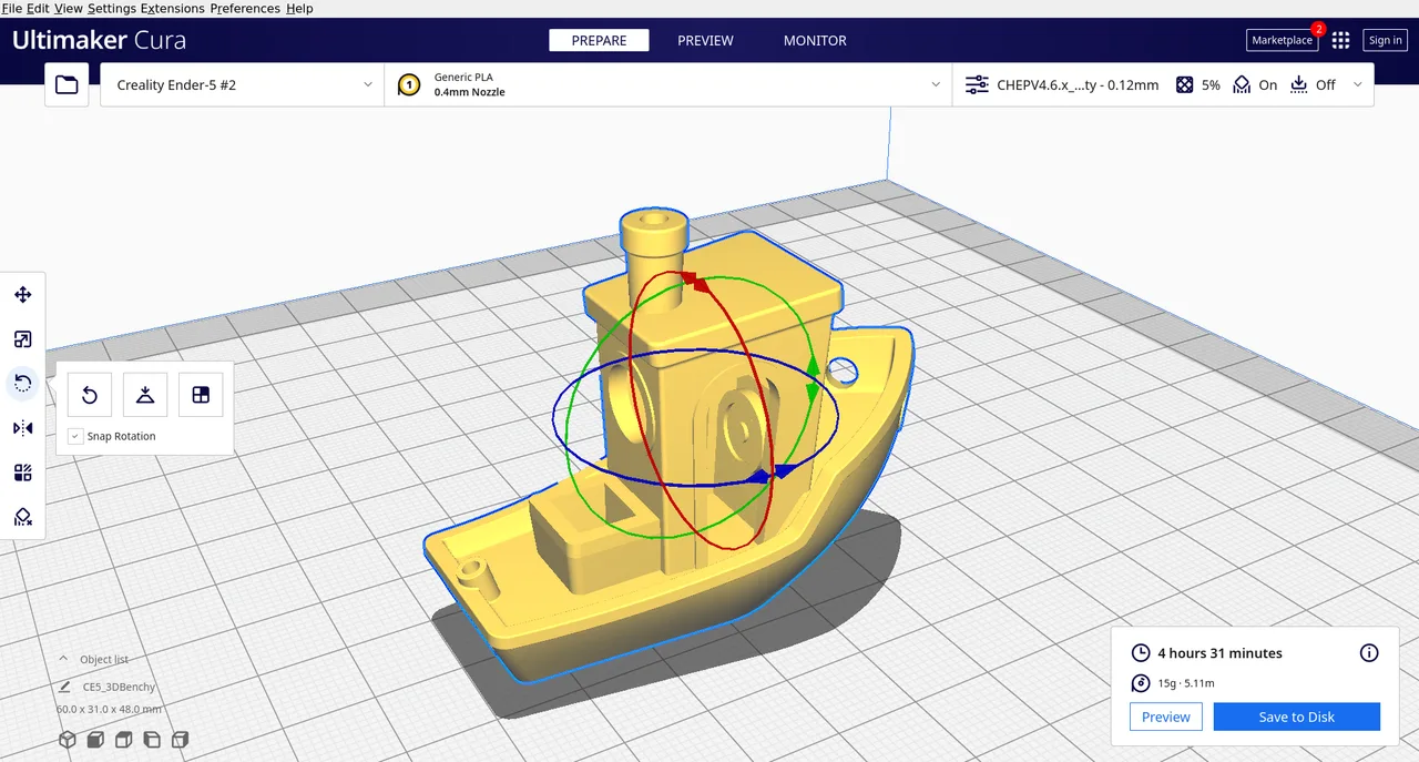 The Prepare tab with the rotate tool active on a model, showing the three axis rotation rings and the Snap Rotation option in the tool panel.