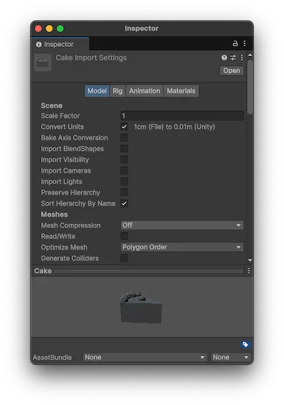Model import settings for an FBX. Scale Factor and Convert Units sit at the top of the Model tab, and these two fields are what stand between a Blender export and a mesh that arrives 100 times too large.