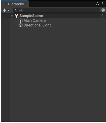 The Hierarchy window, listing every GameObject in the open scene as a parent and child tree.