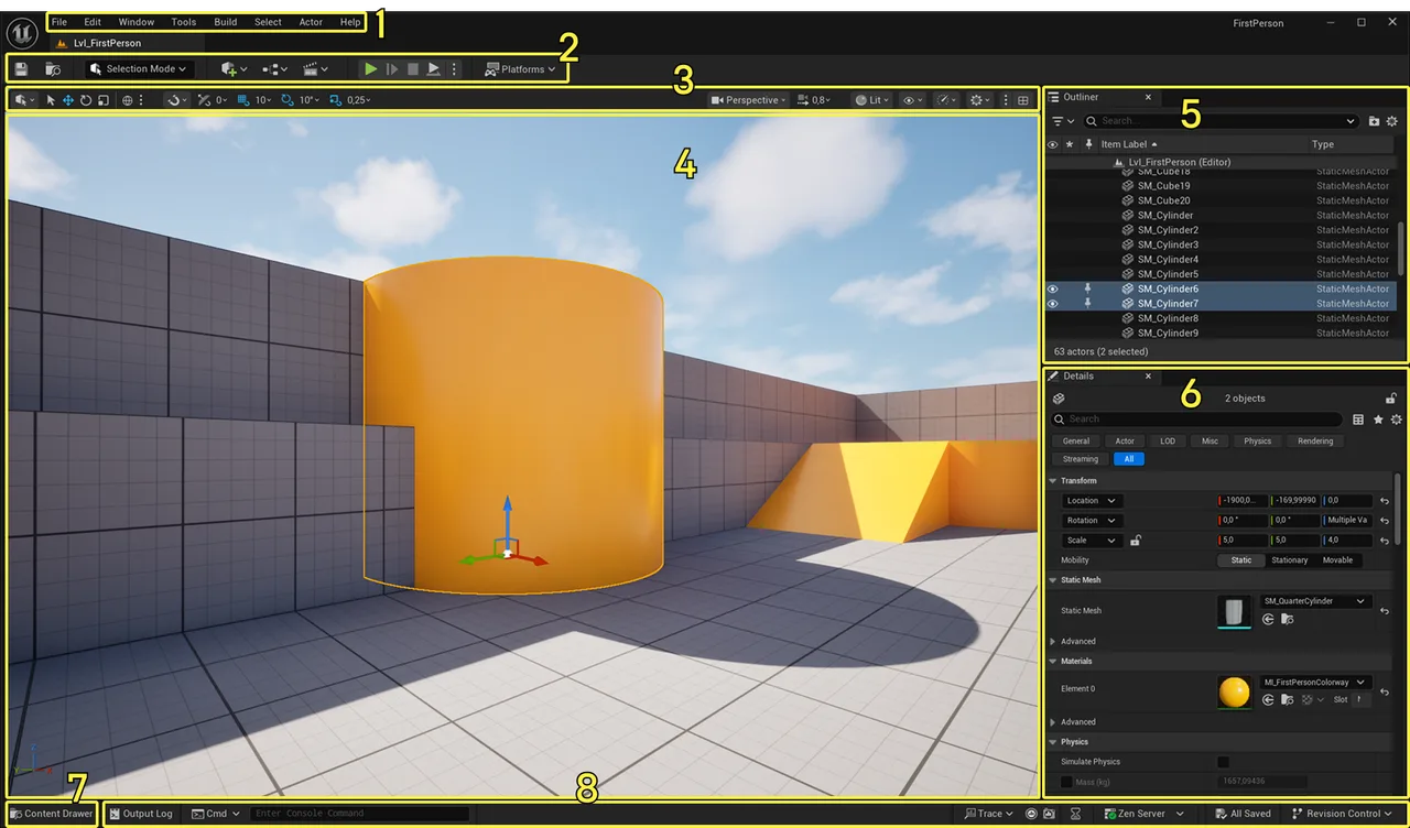 The same interface over the FirstPerson template, with two static mesh actors selected and their transform and material slots open in Details.