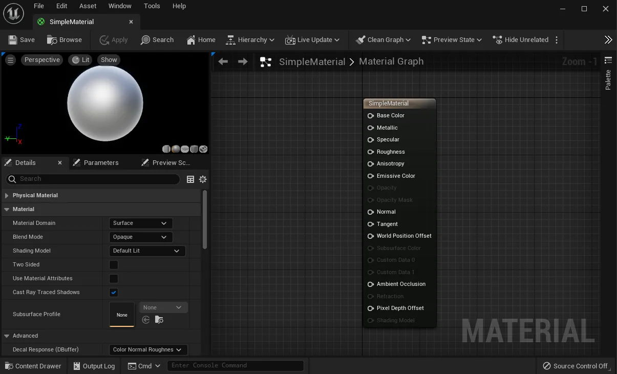 The Material Editor. The main material node exposes Base Color, Metallic, Specular, Roughness and Normal as separate input pins, which is what an imported FBX material has to be rebuilt against.