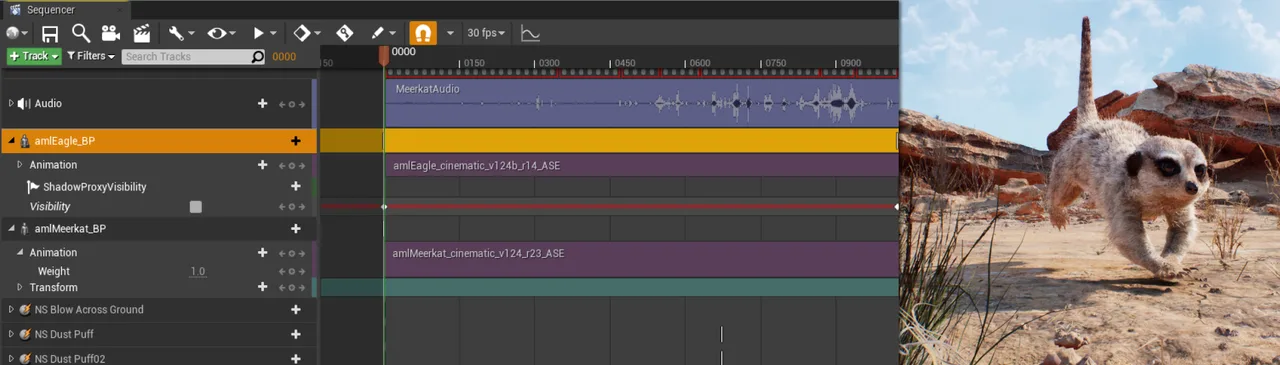Sequencer, the cinematics timeline: an audio waveform track above two character animation tracks, with Niagara effect tracks below and the rendered frame at right.