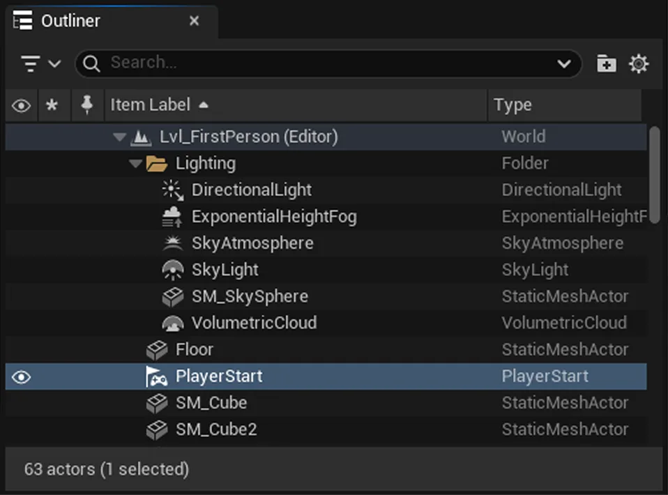 The Outliner, which lists every actor in the level as a folder tree with per-actor visibility toggles and a type column.